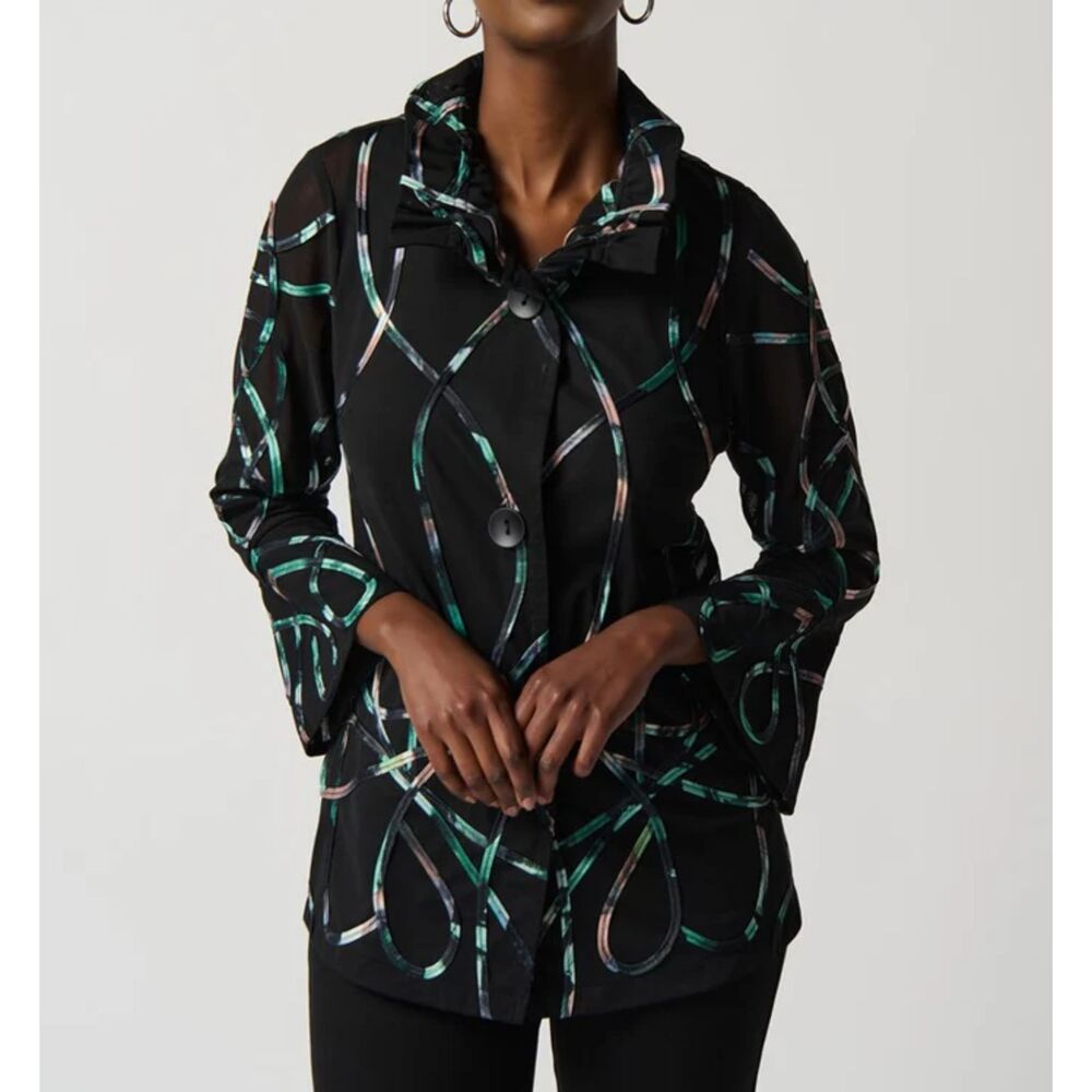 Joseph Ribkoff LDS Printed Satin Mesh Jacket Neon Collared Sz XL